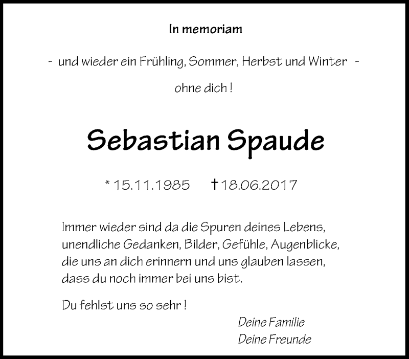  Traueranzeige für Sebastian Spaude vom 18.06.2019 aus Tageszeitung