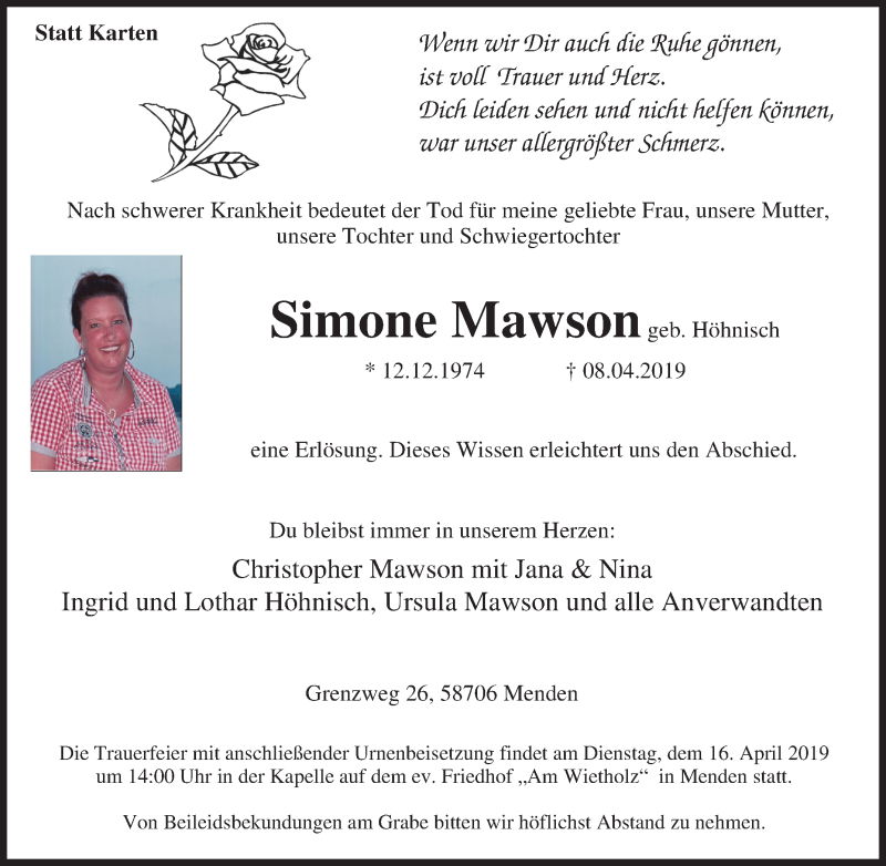  Traueranzeige für Simone Mawson vom 11.04.2019 aus Tageszeitung