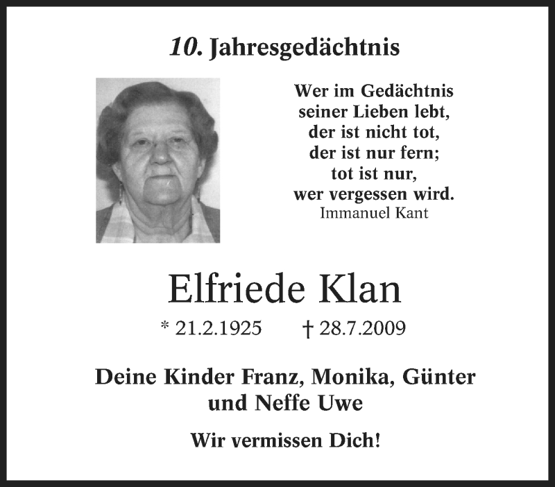  Traueranzeige für Elfriede Klan vom 27.07.2019 aus Tageszeitung