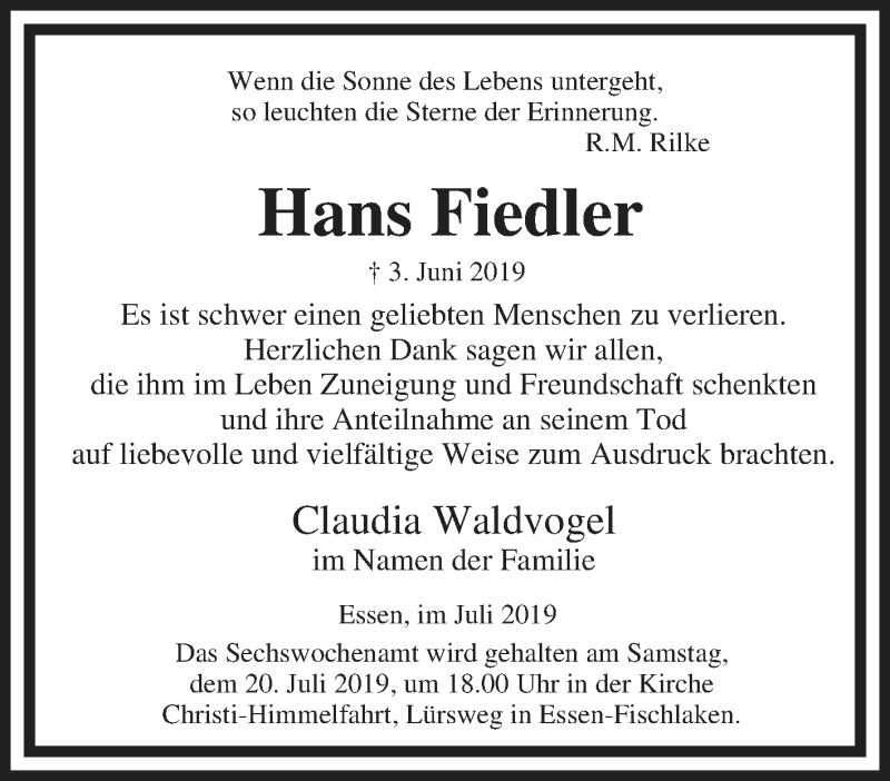  Traueranzeige für Hans Fiedler vom 20.07.2019 aus Tageszeitung