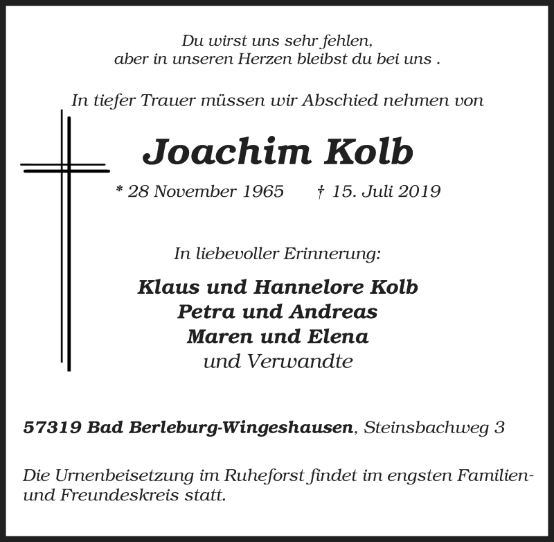  Traueranzeige für Joachim Kolb vom 19.07.2019 aus Tageszeitung