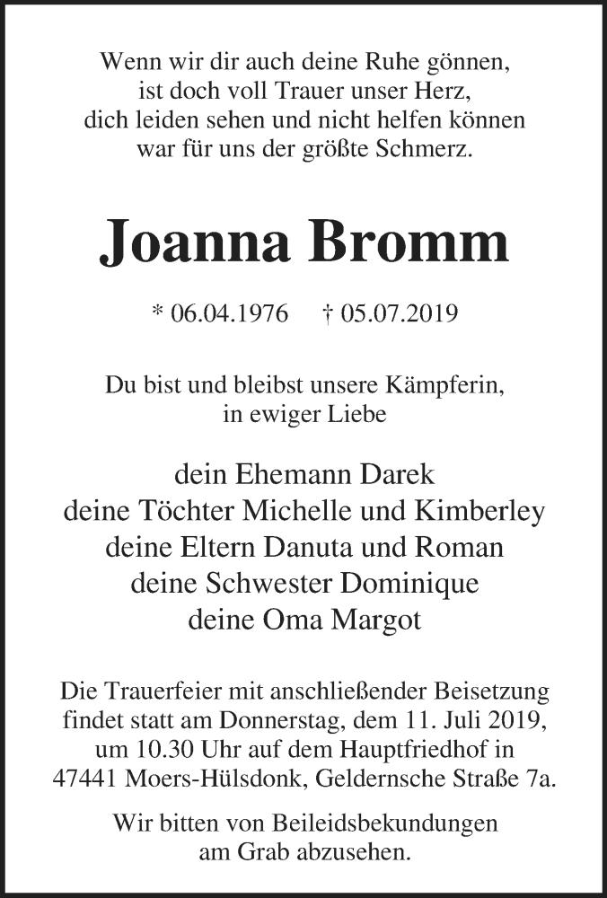 Traueranzeige für Joanna Bromm vom 10.07.2019 aus Tageszeitung