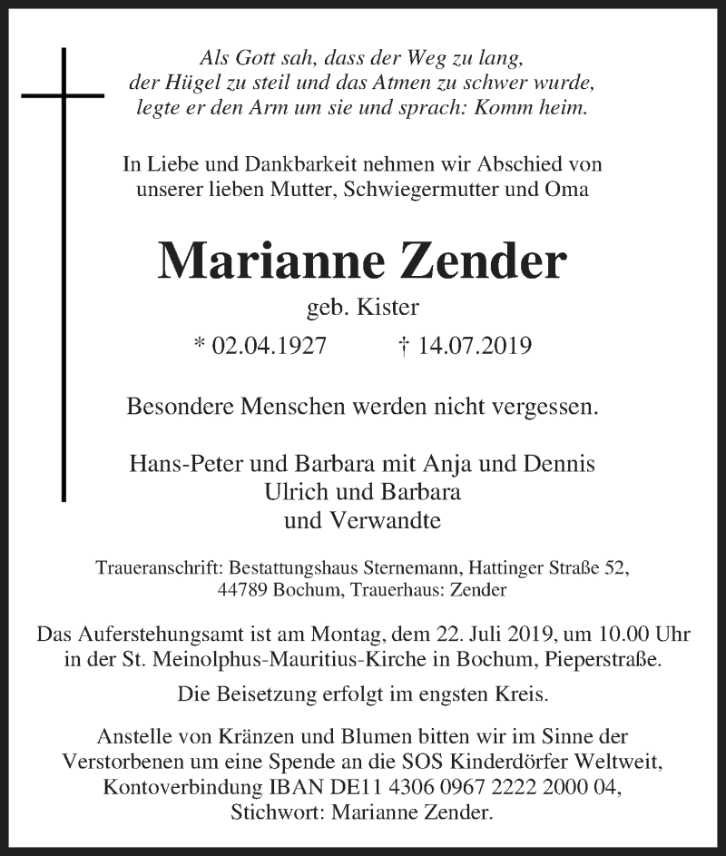  Traueranzeige für Marianne Zender vom 19.07.2019 aus Tageszeitung