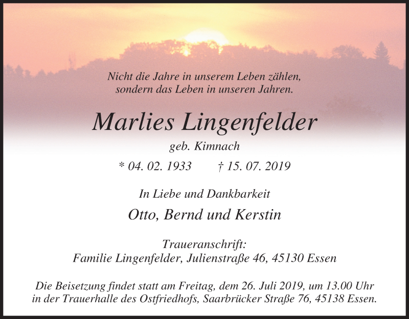  Traueranzeige für Marlies Lingenfelder vom 20.07.2019 aus Tageszeitung