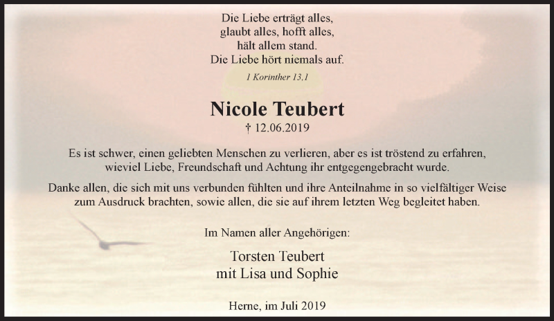  Traueranzeige für Nicole Teubert vom 27.07.2019 aus Tageszeitung