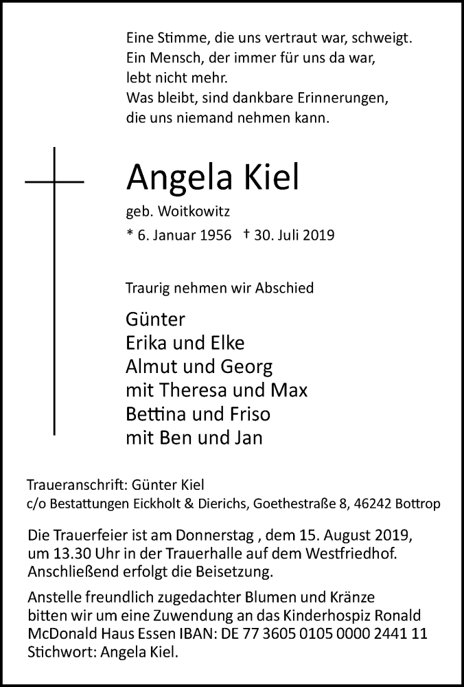  Traueranzeige für Angela Kiel vom 13.08.2019 aus Tageszeitung