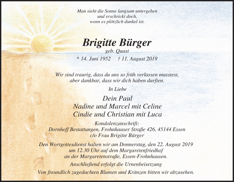  Traueranzeige für Brigitte Bürger vom 17.08.2019 aus Tageszeitung