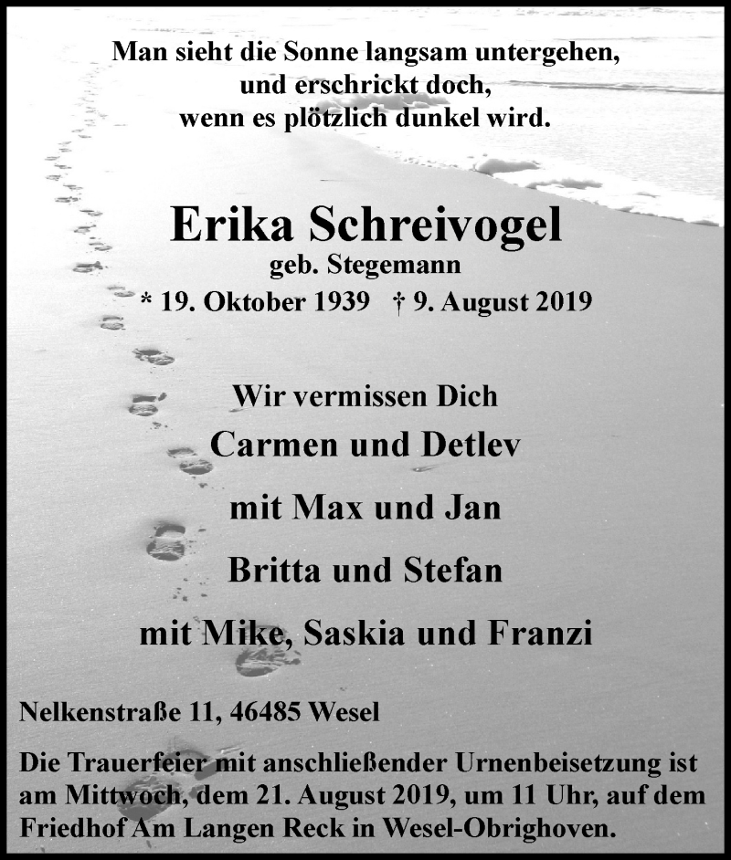  Traueranzeige für Erika Schreivogel vom 13.08.2019 aus Tageszeitung