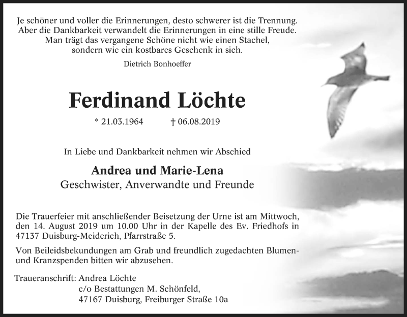  Traueranzeige für Ferdinand Löchte vom 10.08.2019 aus Tageszeitung