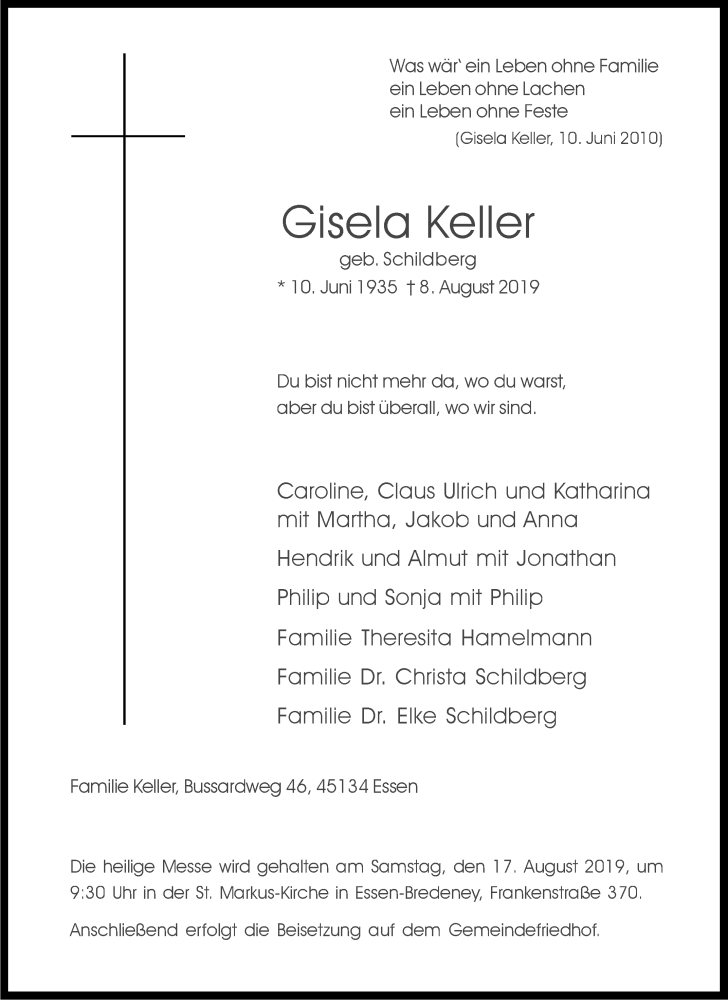  Traueranzeige für Gisela Keller vom 14.08.2019 aus Tageszeitung