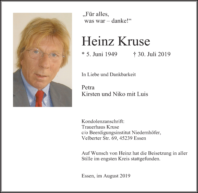  Traueranzeige für Heinz Kruse vom 19.08.2019 aus Tageszeitung