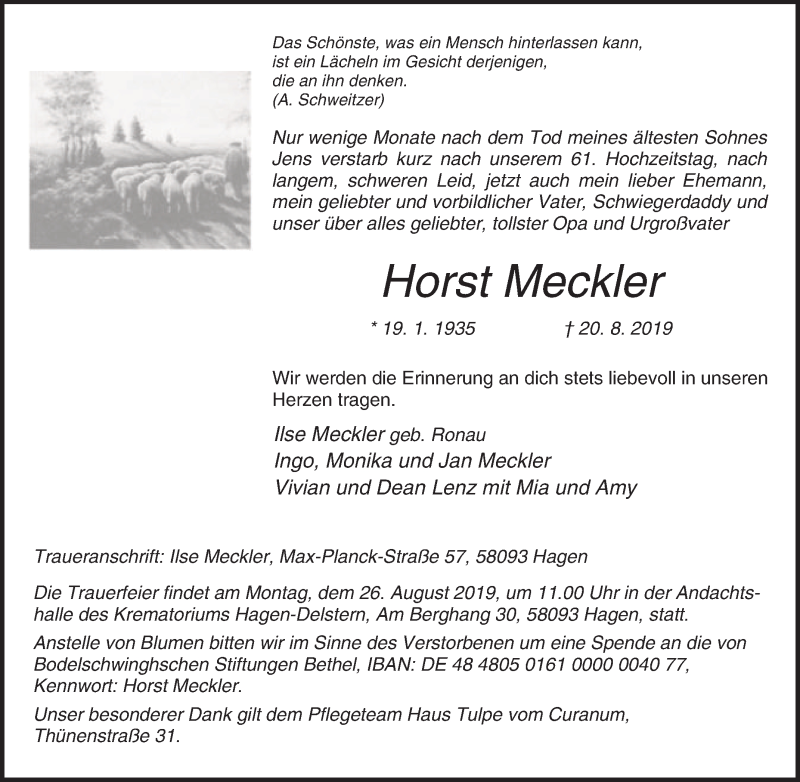  Traueranzeige für Horst Meckler vom 23.08.2019 aus Tageszeitung