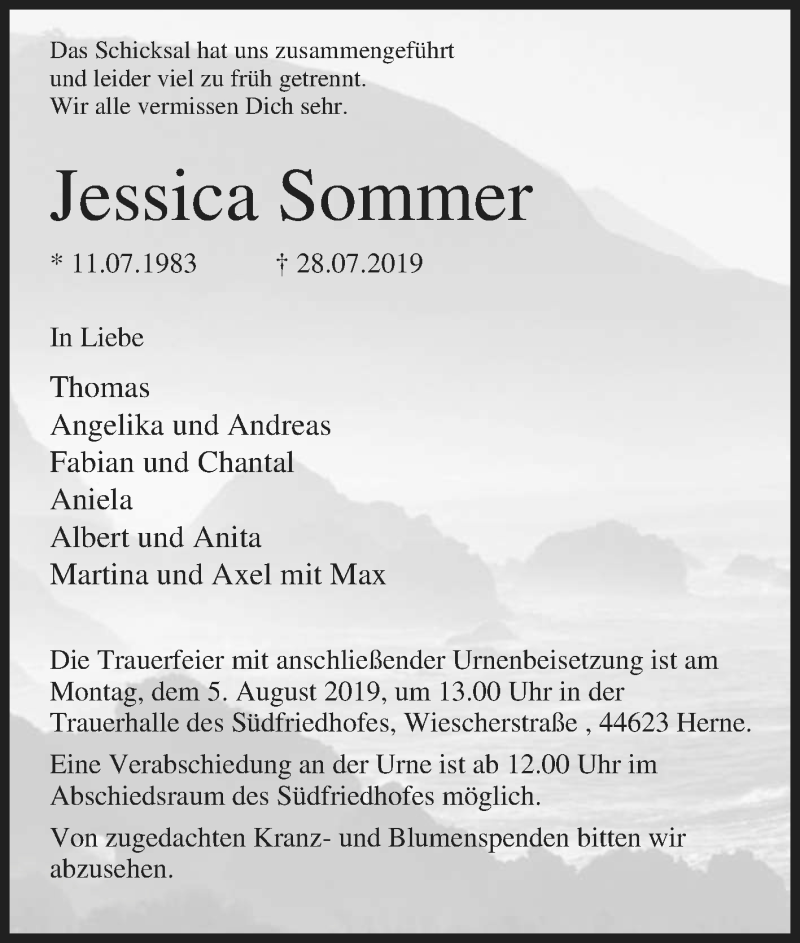  Traueranzeige für Jessica Sommer vom 01.08.2019 aus Tageszeitung