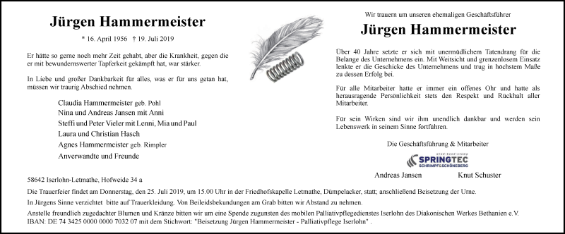  Traueranzeige für Jürgen Hammermeister vom 22.07.2019 aus Tageszeitung