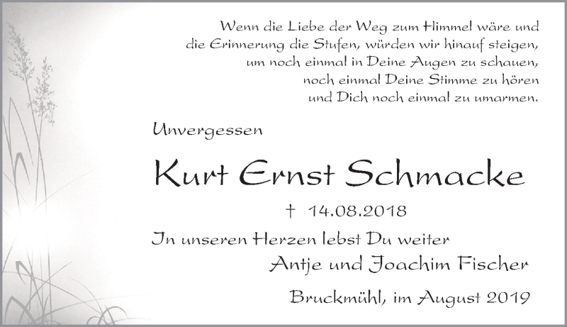  Traueranzeige für Kurt Ernst Schmacke vom 24.08.2019 aus Tageszeitung