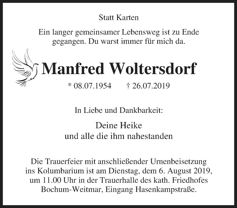  Traueranzeige für Manfred Woltersdorf vom 01.08.2019 aus Tageszeitung