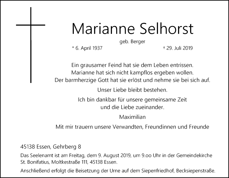  Traueranzeige für Marianne Selhorst vom 03.08.2019 aus Tageszeitung