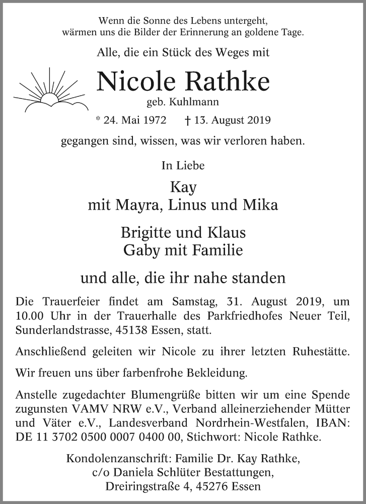  Traueranzeige für Nicole Rathke vom 24.08.2019 aus Tageszeitung