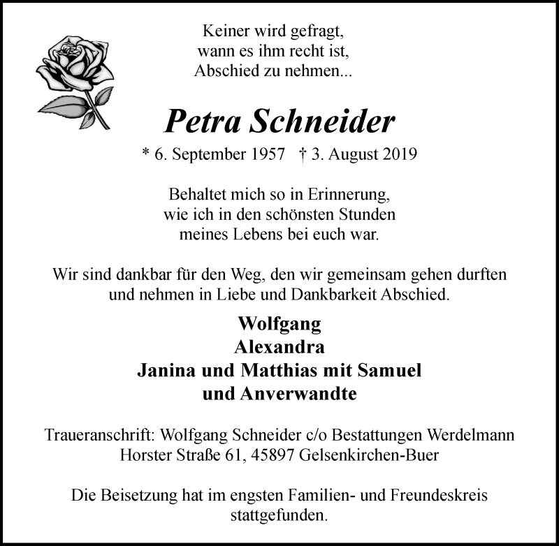  Traueranzeige für Petra Schneider vom 19.08.2019 aus Tageszeitung