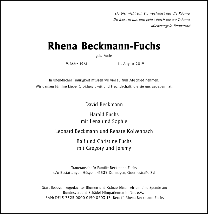  Traueranzeige für Rhena Beckmann-Fuchs vom 17.08.2019 aus Tageszeitung