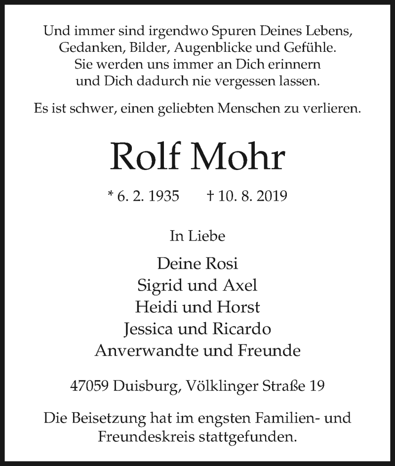  Traueranzeige für Rolf Mohr vom 22.08.2019 aus Tageszeitung