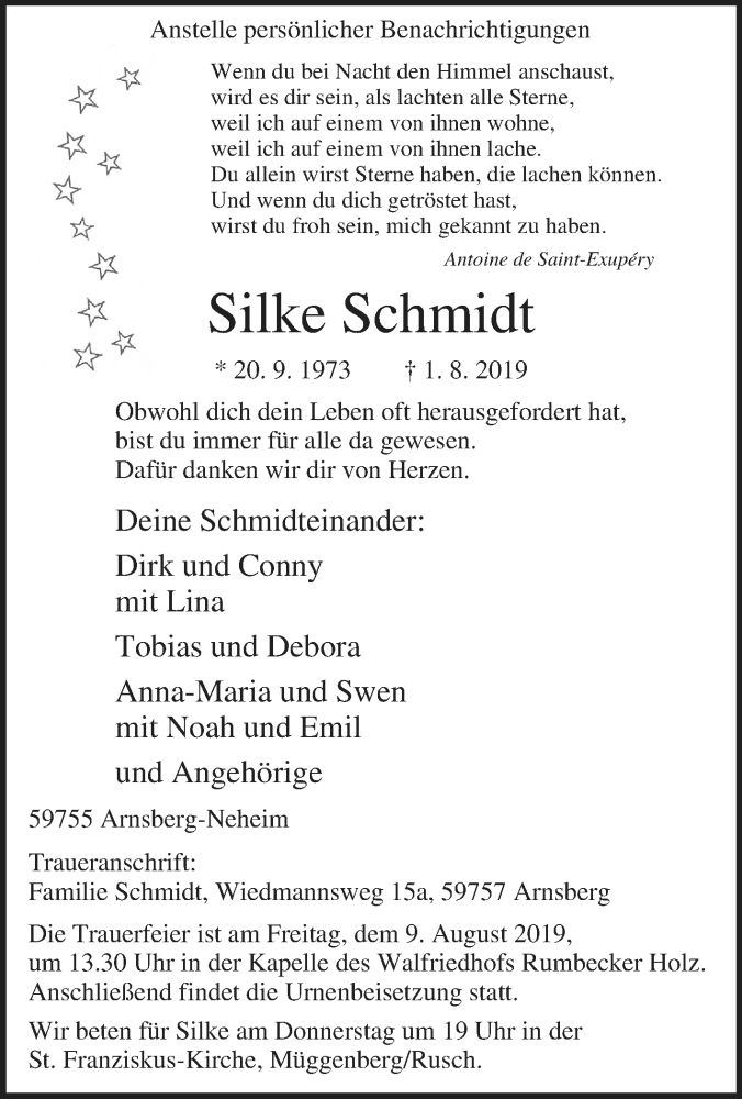  Traueranzeige für Silke Schmidt vom 06.08.2019 aus Tageszeitung