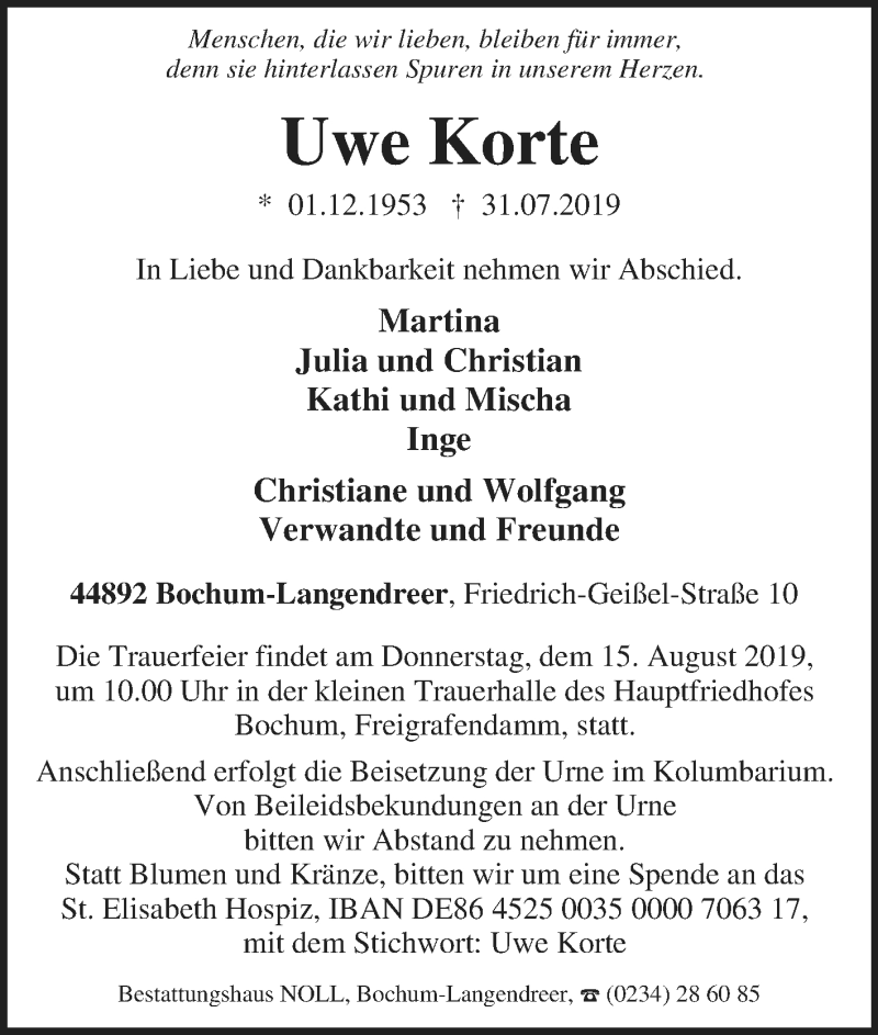  Traueranzeige für Uwe Korte vom 13.08.2019 aus Tageszeitung