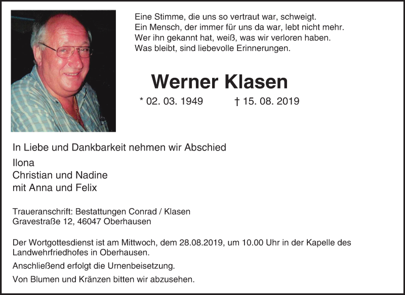  Traueranzeige für Werner Klasen vom 21.08.2019 aus Tageszeitung