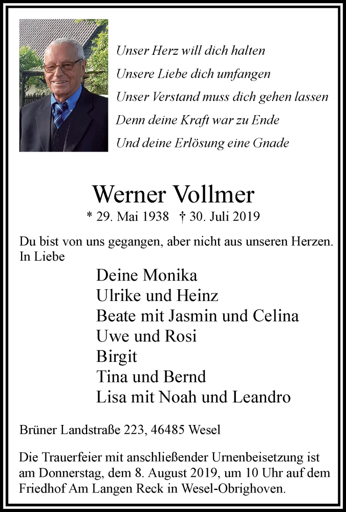  Traueranzeige für Werner Vollmer vom 03.08.2019 aus Tageszeitung
