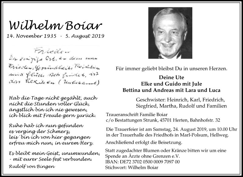  Traueranzeige für Wilhelm Boiar vom 21.08.2019 aus Tageszeitung
