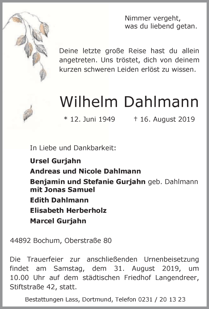  Traueranzeige für Wilhelm Dahlmann vom 24.08.2019 aus Tageszeitung