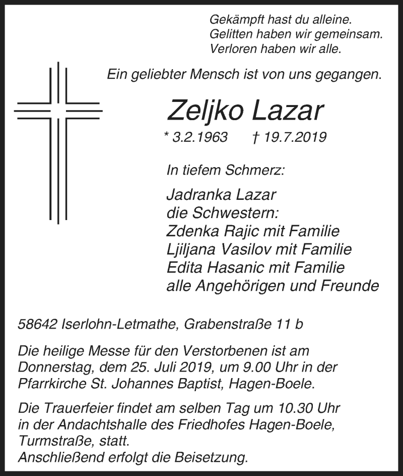  Traueranzeige für Zeljko Lazar vom 22.07.2019 aus Tageszeitung