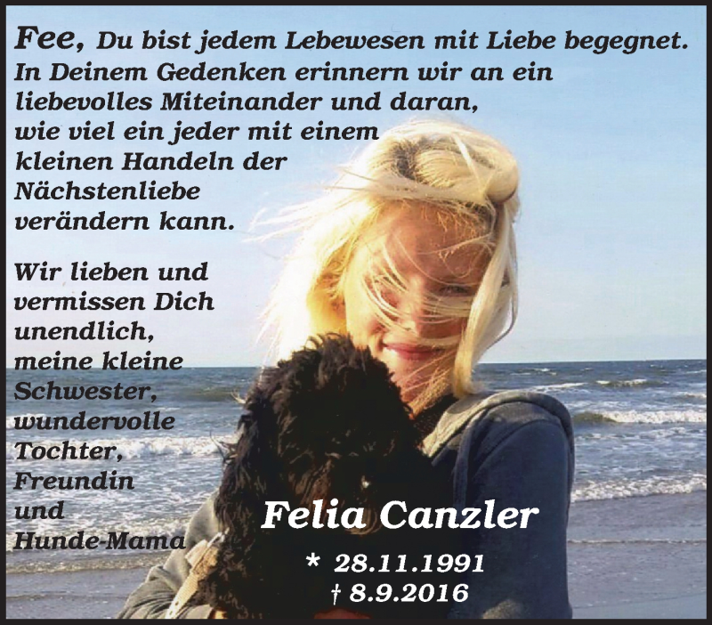  Traueranzeige für Felia Canzler vom 06.09.2019 aus Tageszeitung