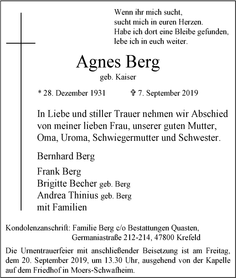  Traueranzeige für Agnes Berg vom 14.09.2019 aus Tageszeitung
