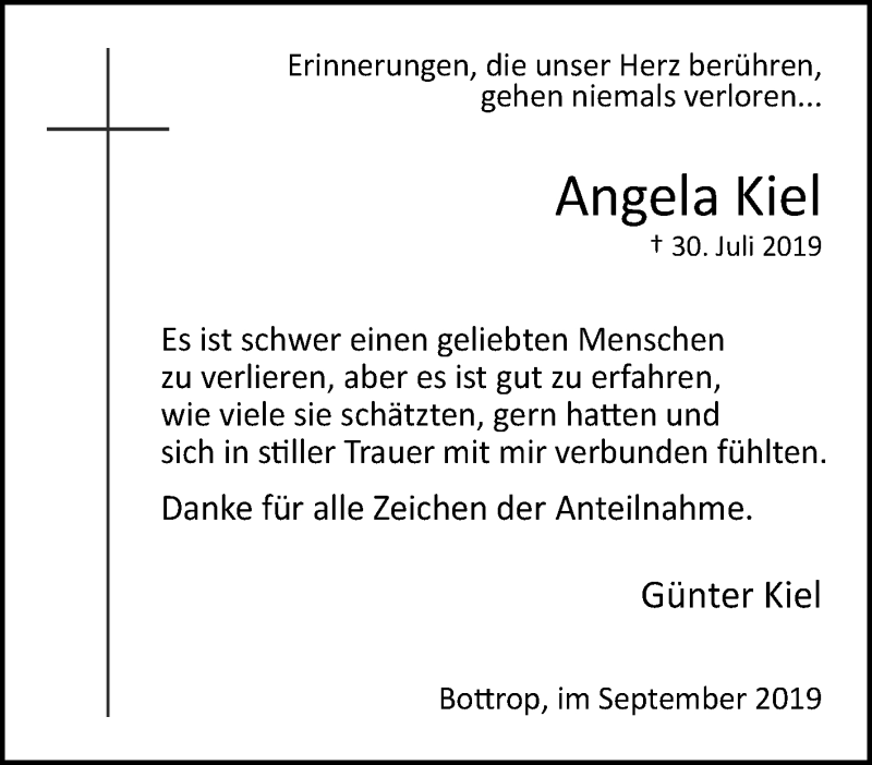  Traueranzeige für Angela Kiel vom 14.09.2019 aus Tageszeitung