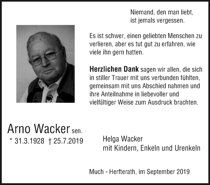  Traueranzeige für Arno Wacker vom 07.09.2019 aus Tageszeitung