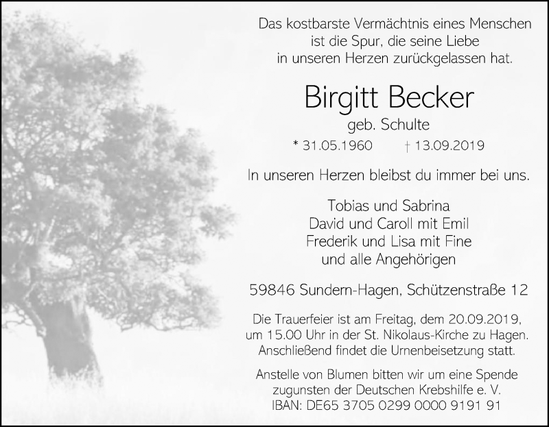  Traueranzeige für Birgitt Becker vom 16.09.2019 aus Tageszeitung