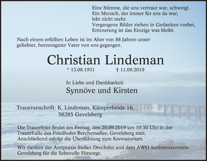  Traueranzeige für Christian Lindeman vom 16.09.2019 aus Tageszeitung