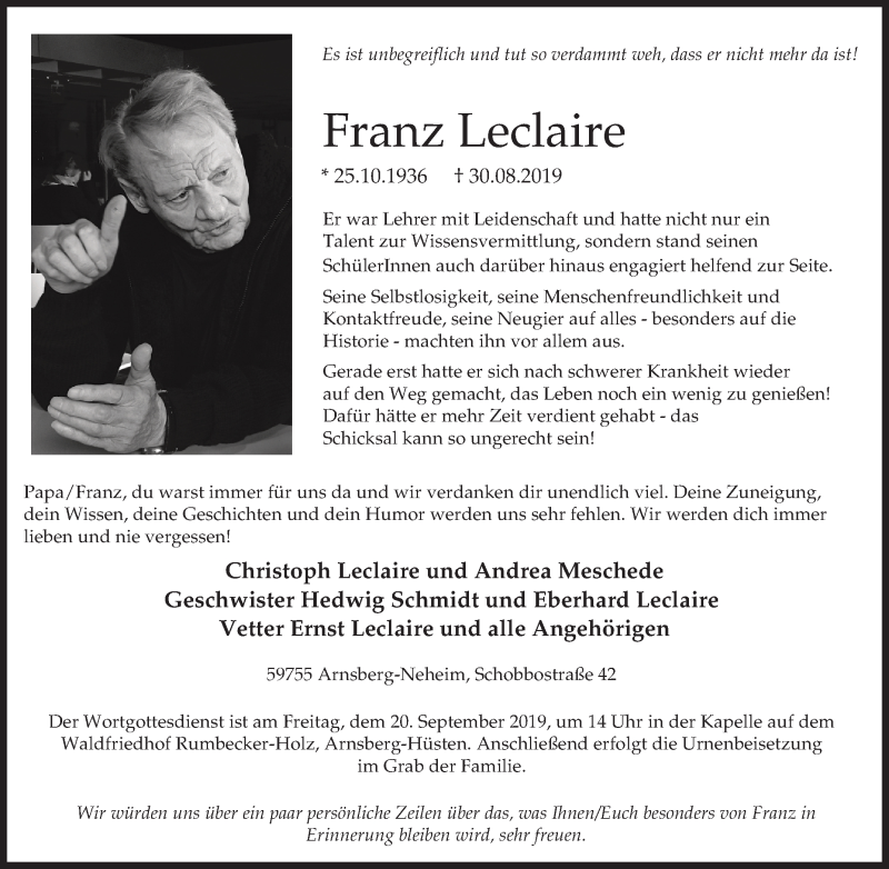  Traueranzeige für Franz Leclaire vom 07.09.2019 aus Tageszeitung