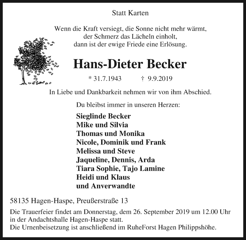  Traueranzeige für Hans-Dieter Becker vom 21.09.2019 aus Tageszeitung