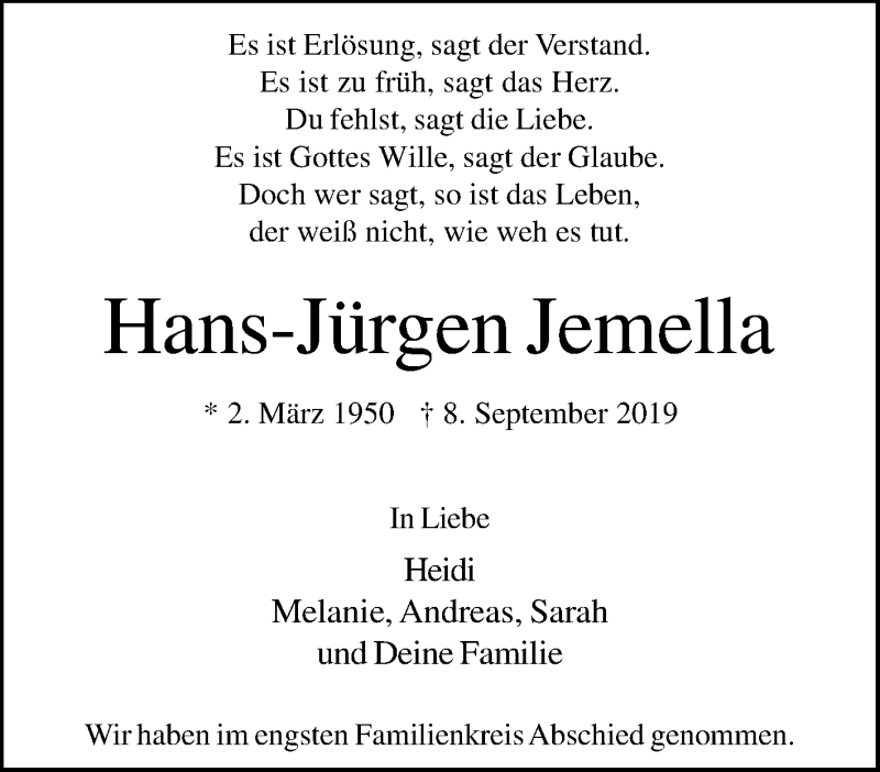  Traueranzeige für Hans-Jürgen Jemella vom 16.09.2019 aus Tageszeitung