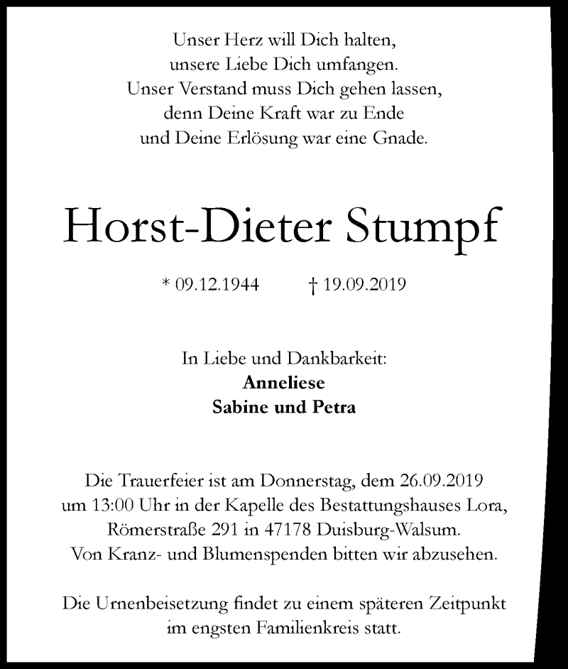  Traueranzeige für Horst-Dieter Stumpf vom 24.09.2019 aus Tageszeitung