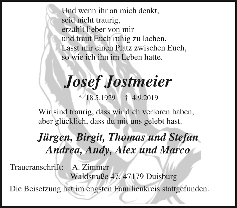  Traueranzeige für Josef Jostmeier vom 11.09.2019 aus Tageszeitung