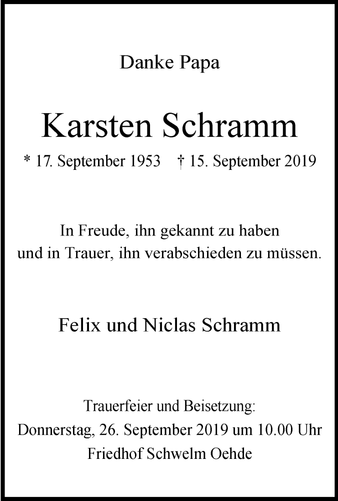  Traueranzeige für Karsten Schramm vom 24.09.2019 aus Tageszeitung