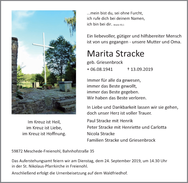  Traueranzeige für Marita Stracke vom 17.09.2019 aus Tageszeitung
