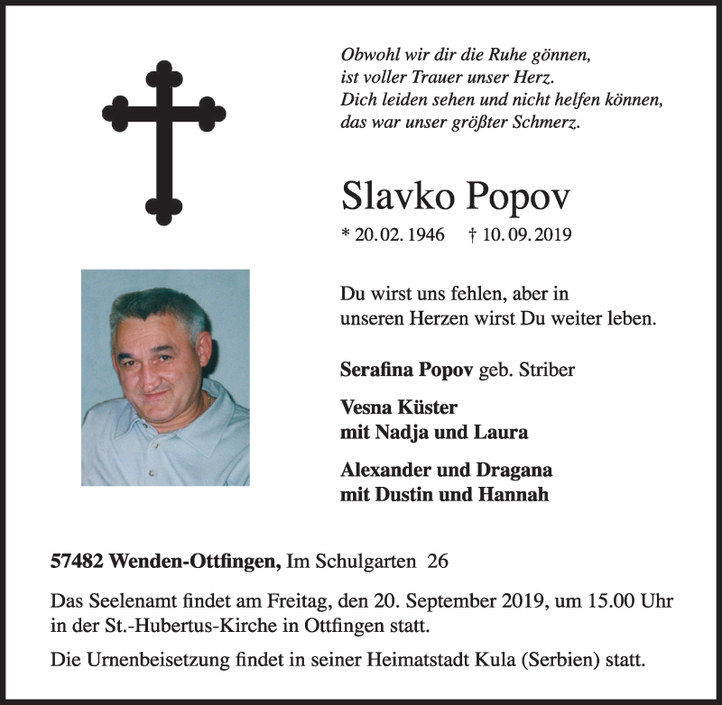  Traueranzeige für Slavko Popov vom 17.09.2019 aus Tageszeitung
