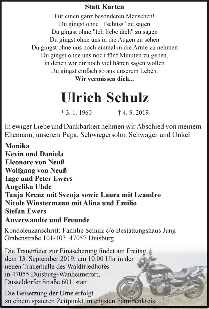  Traueranzeige für Ulrich Schulz vom 11.09.2019 aus Tageszeitung