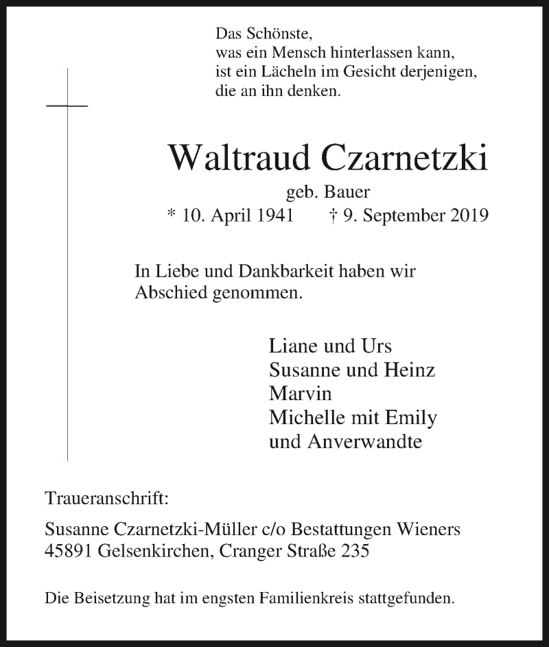  Traueranzeige für Waltraud Czarnetzki vom 16.09.2019 aus Tageszeitung