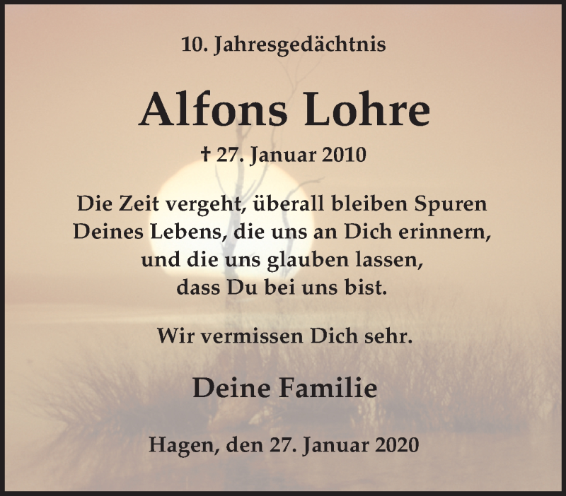  Traueranzeige für Alfons Lohre vom 27.01.2020 aus Tageszeitung