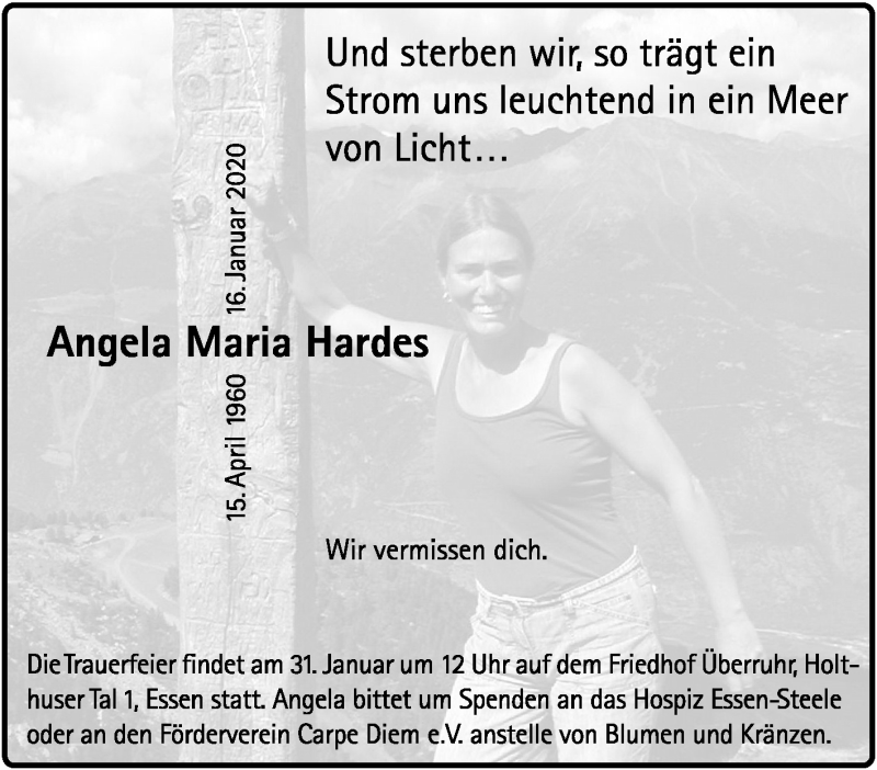 Traueranzeige für Angela Maria Hardes vom 25.01.2020 aus Tageszeitung